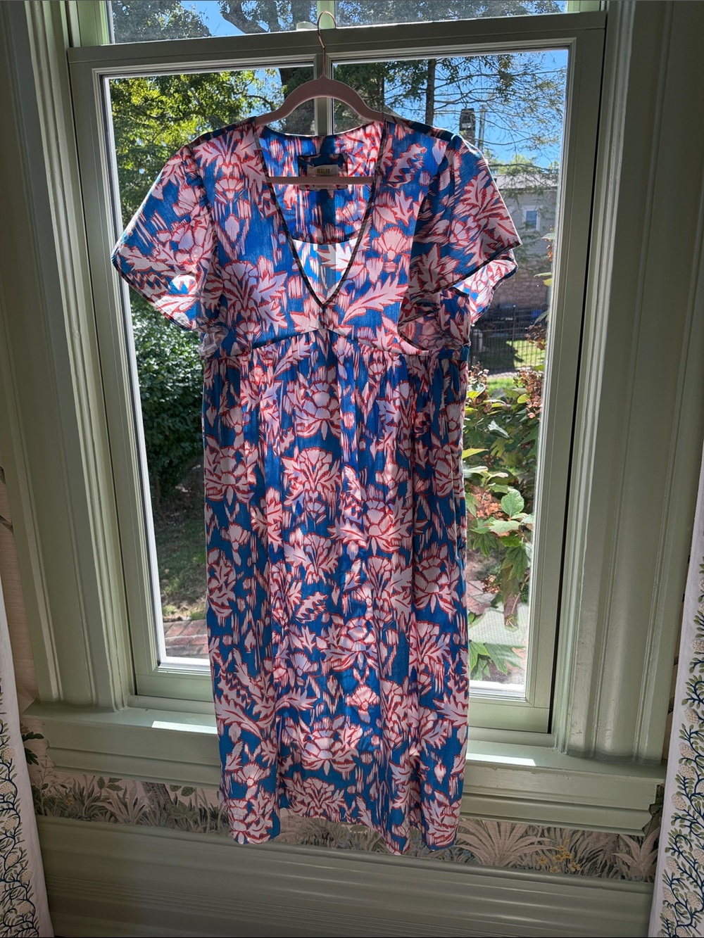 Maeve Anthropologie Blue Floral Ikat Flutter Sleeve Empire Midi Dress Size M
